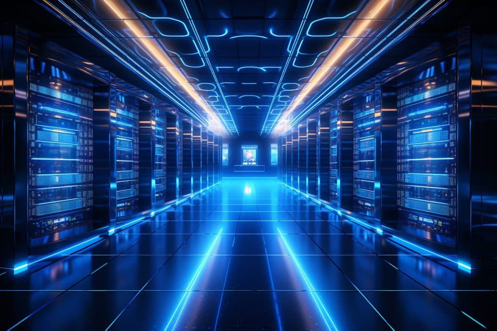 Server room data center. Backup, mining, hosting, mainframe and computer rack with storage information. 3d render